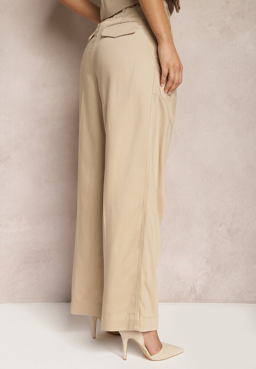 Beżowe Szerokie Spodnie High Waist z Kieszeniami Keanne