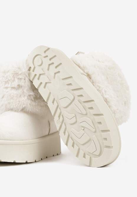 Beżowe Śniegowce z Cholewką za Kostkę Ocieplane z Futerkiem i Małą Kokardą Reinedia