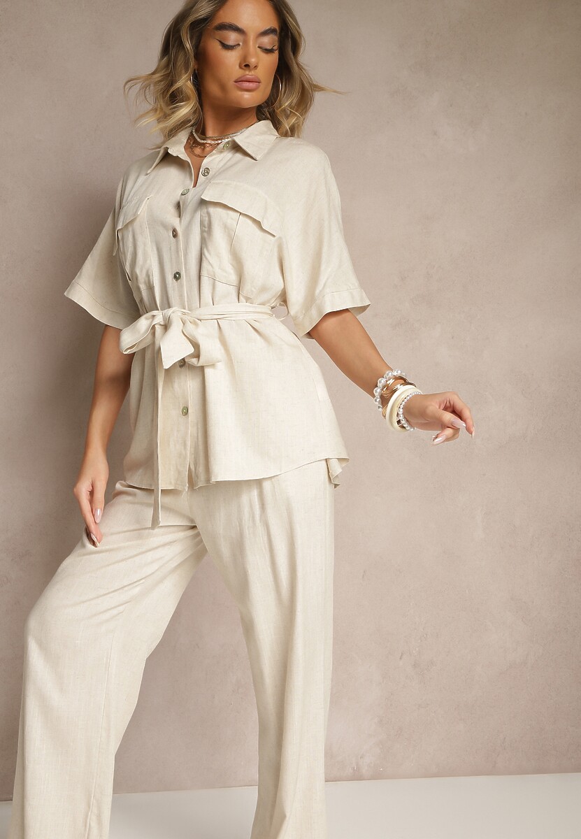 Granatowy Komplet z Lnem i Wiskozą Szerokie Spodnie i Koszula z Paskiem Galanitia