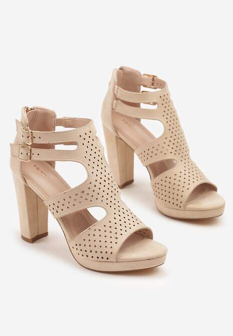 Beżowe Sandały na Słupku Vices Ozdobione Wycięciami i Perforacją Firaleia