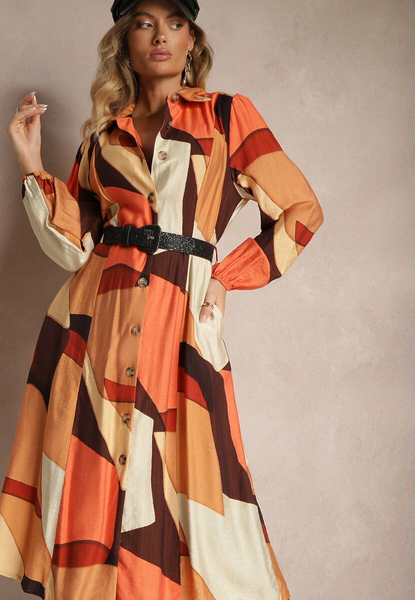 Jasnobrązowa Koszulowa Sukienka z Wiskozą Zdobiona Geometrycznym Wzorem z Paskiem w Talii Tifiel