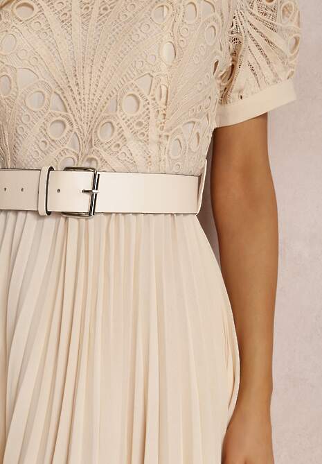 Beżowa Plisowana Sukienka z Paskiem i Koronką Stelly