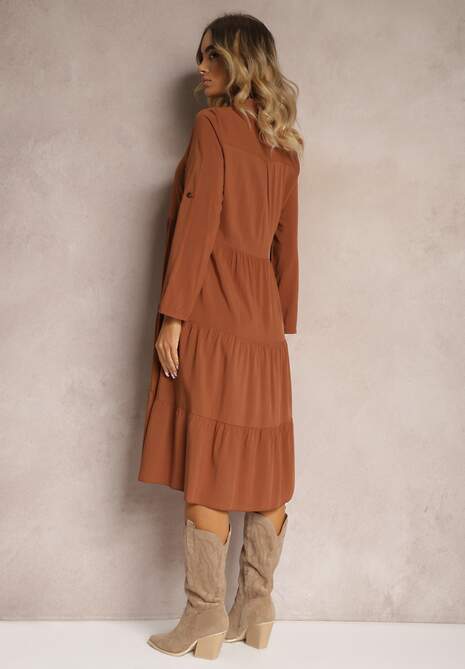 Brązowa Rozkloszowana Sukienka z Bawełny w Koszulowym Stylu Canidre