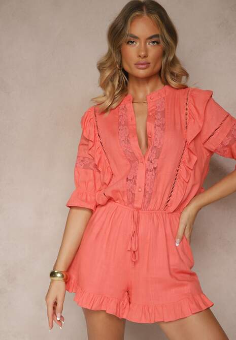 Pomarańczowy Wiskozowy Kombinezon z Lnem w Rustykalnym Stylu z Koronką i Falbanami Linulia