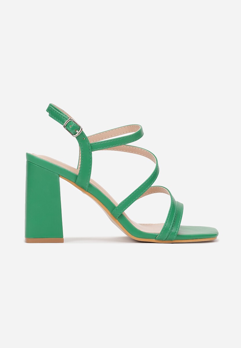Zielone Sandały na Słupkowym Obcasie ze Sprzączką i Kwadratowym Noskiem Lejla
