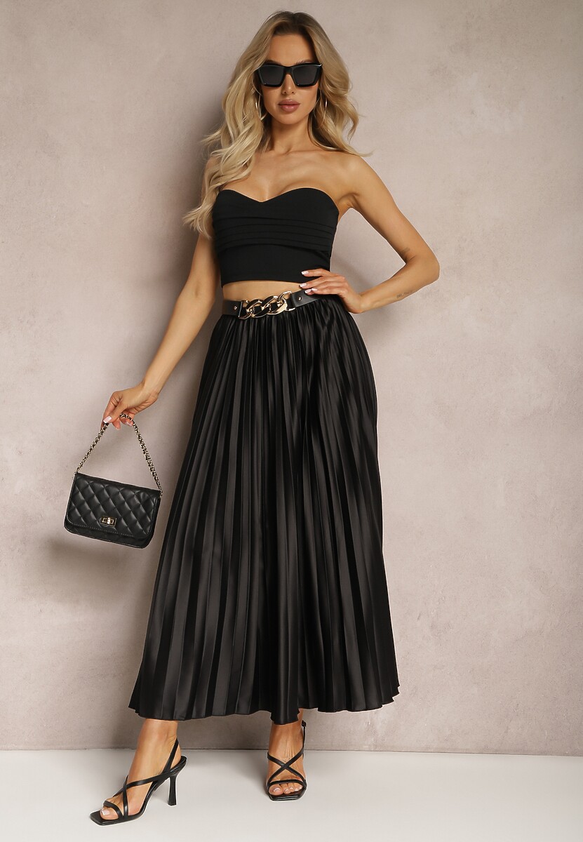 Czarna Plisowana Spódnica Maxi z Gumką w Talii Lirendil