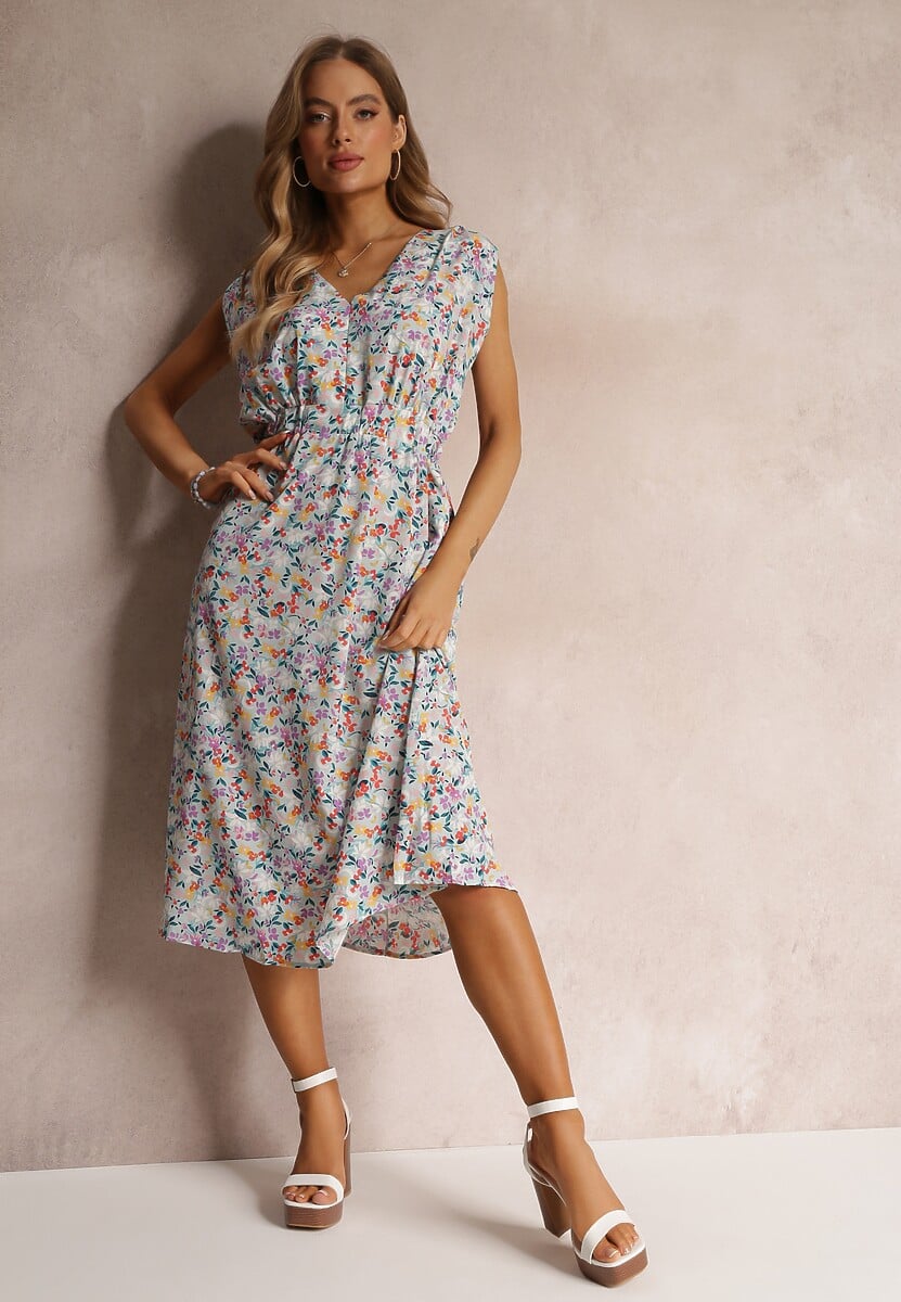 Niebieska Kwiecista Sukienka Midi bez Rękawów z Gumką w Talii Thallu
