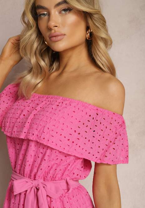 Fuksjowa Haftowana Sukienka Typu Hiszpanka z Gumką i Paskiem w Talii Qira