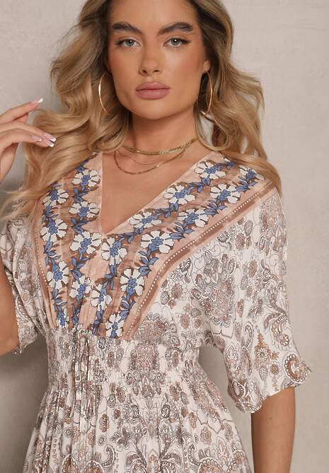 Ciemnobeżowa Wiskozowa Sukienka w Ornamentalny Print z Szeroką Gumką w Talii Danissna