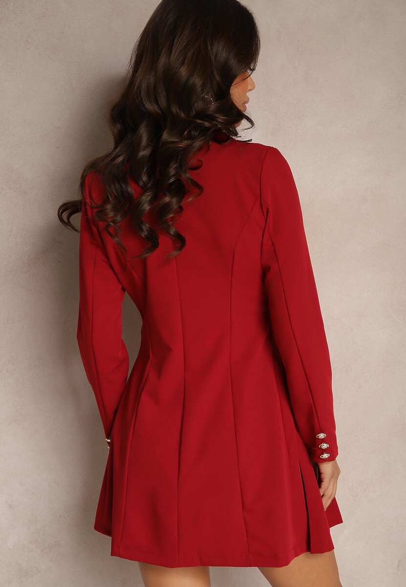 Bordowa Rozkloszowana Sukienka z Plisami o Kroju Marynarki z Ozdobnymi Guzikami Avriana