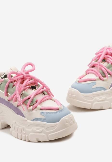 Biało-Różowe Sneakersy z Grubymi Sznurówkami na Niskiej Platformie Lasandre