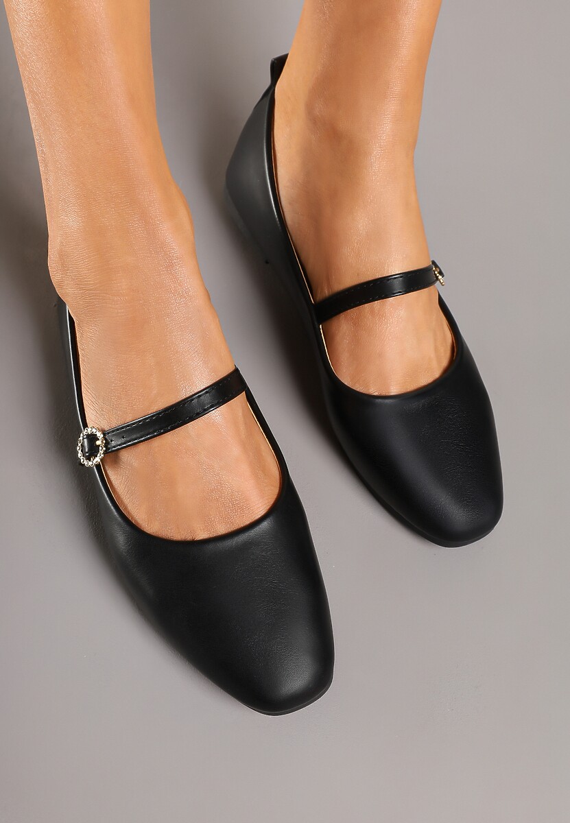 Czarne Balerinki Zapinane na Sprzączkę z Wkładką ze Skóry Derilia
