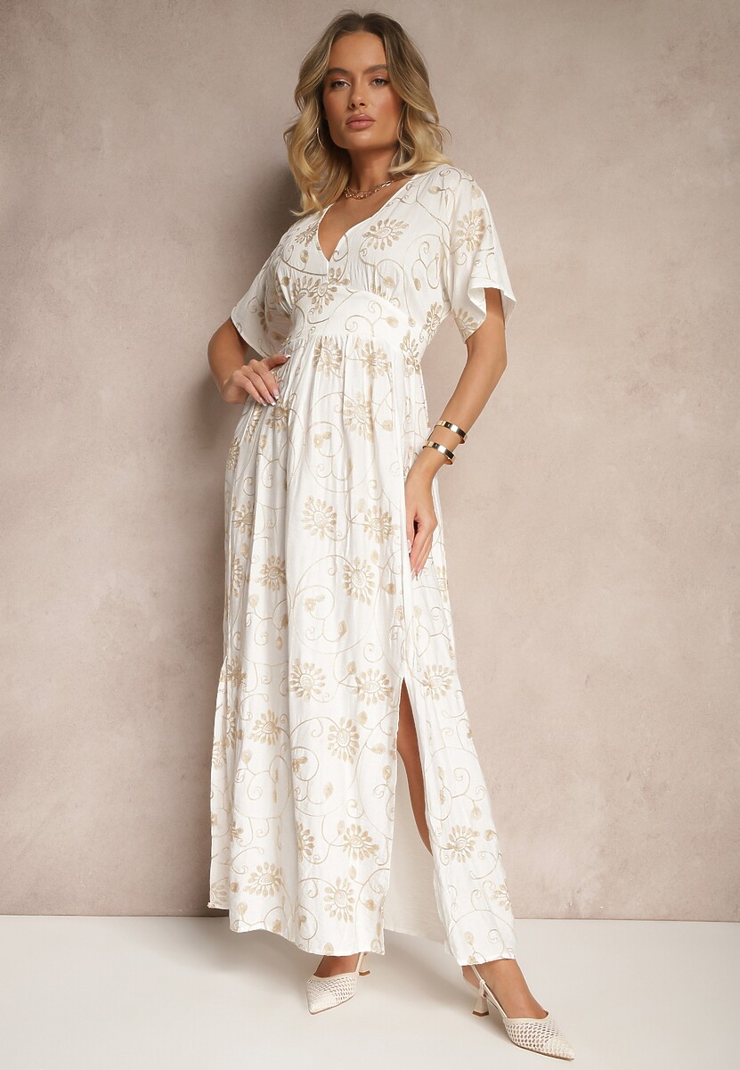 Biała Sukienka z Wiskozy Ozdobiona Haftem i Metaliczną Nicią Ivelvesa