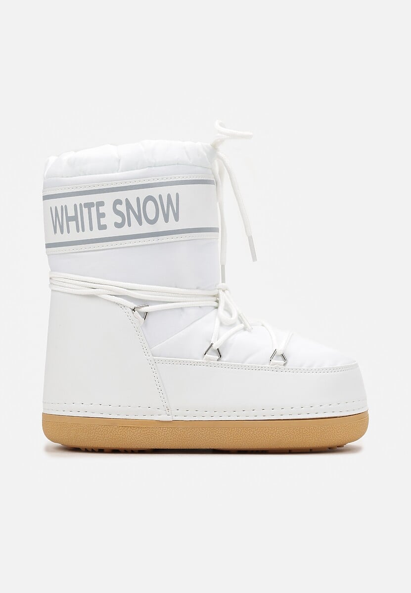 Białe Ocieplone Śniegowce Wsuwane z Ozdobnym Napisem i Sznurowaniem Nalissa