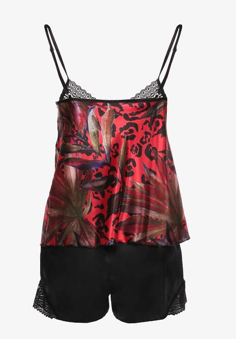 Czerwono-Czarny Satynowy Komplet Piżamowy z Szortami i Topem z Koronką Telespha