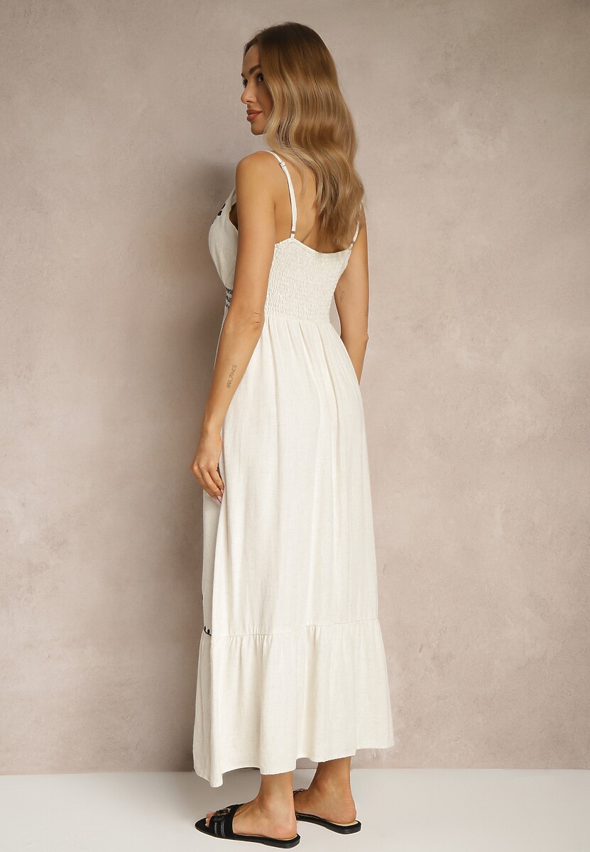 Biała Sukienka z Wiskozą i Lnem z Kopertowym Dekoltem Ozdobiona Haftem Sollio