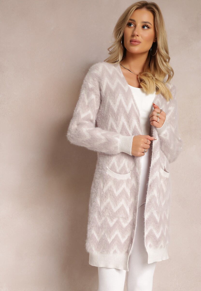 Fioletowy Niezapinany Kardigan o Przedłużonym Fasonie w Zygzaki Chevron Oherna