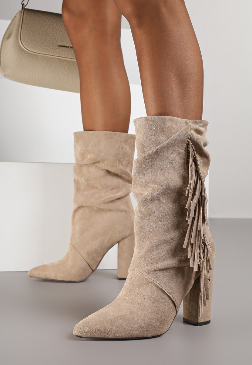 Brązowe Botki Kowbojki na Słupku z Frędzlami Reisetia