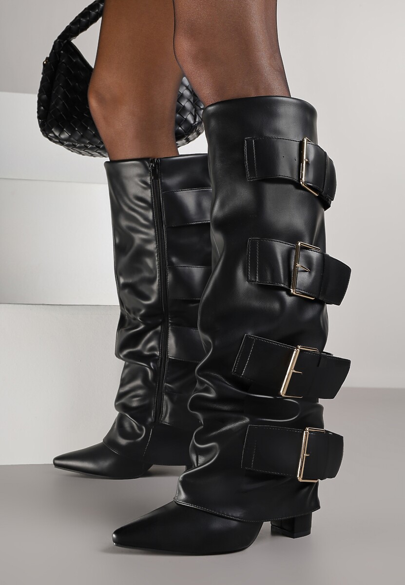 Czarne Kozaki na Słupku z Wywiniętą Cholewką i Klamrami Arullia