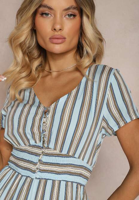 Niebieski Kombinezon z Wiskozy Wykończony Gumką w Talii i Guzikami przy Dekolcie Tinaviras