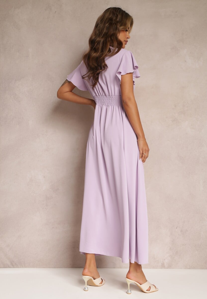 Jasnofioletowa Sukienka Rozkloszowana z Rozcięciem i Kopertowym Dekoltem Jozlyn