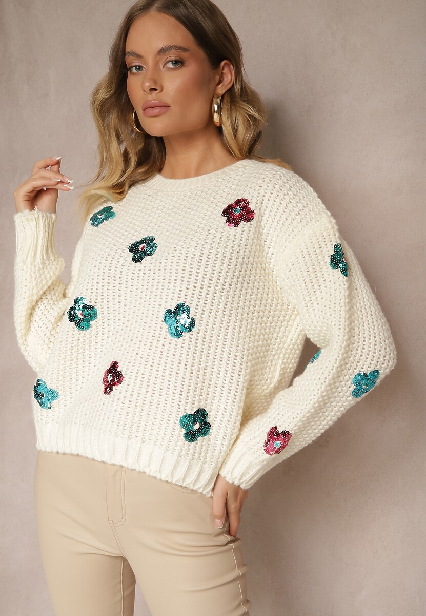 Jasnobeżowy Sweter z Wiskozą Zdobiony Cekinowymi Aplikacjami z Kwiatami Edalora