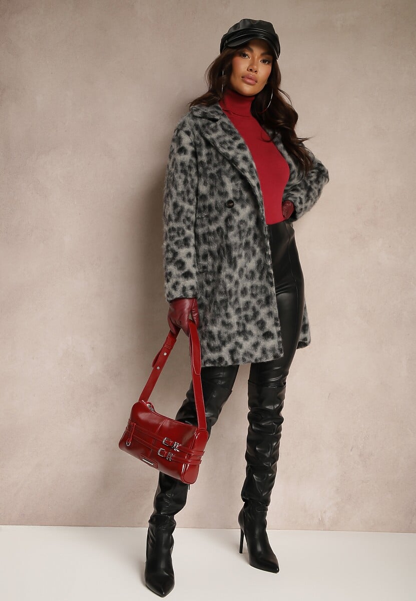 Szary Panterkowy Płaszcz Dwurzędowy z Wsuwanymi Kieszeniami Niarelith