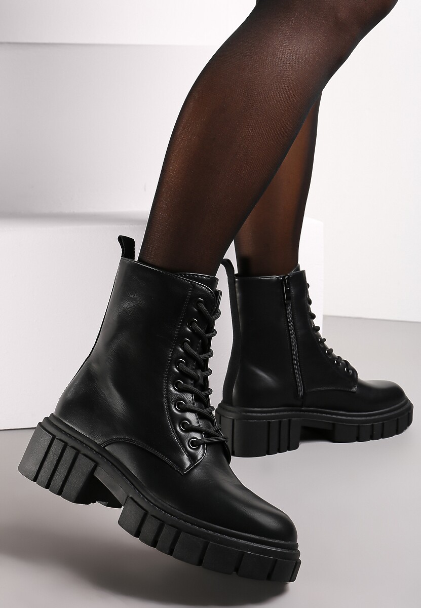 Czarne Botki Workery ze Sznurowaniem Hogima