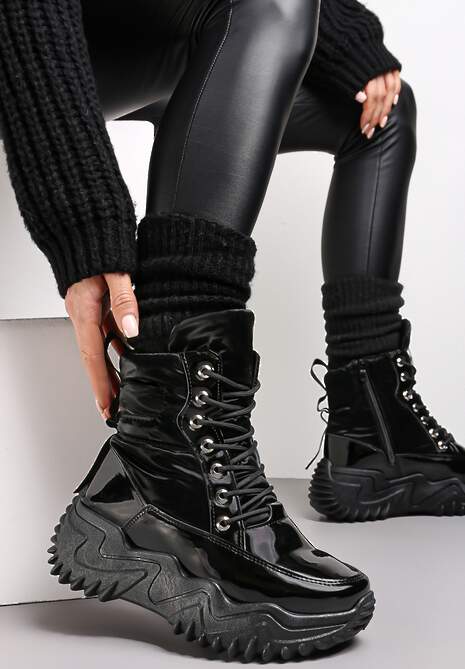 Czarne Ocieplane Sneakersy za Kostkę na Platformie Melianira