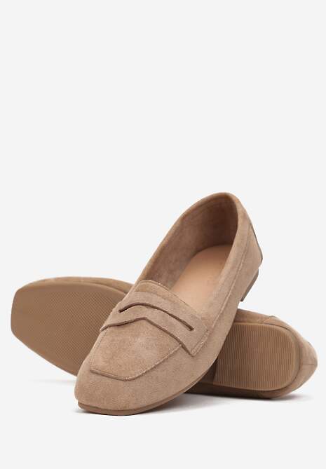 Ciemnobeżowe Mokasyny z Kwadratowym Noskiem z Imitacji Zamszu Lalina