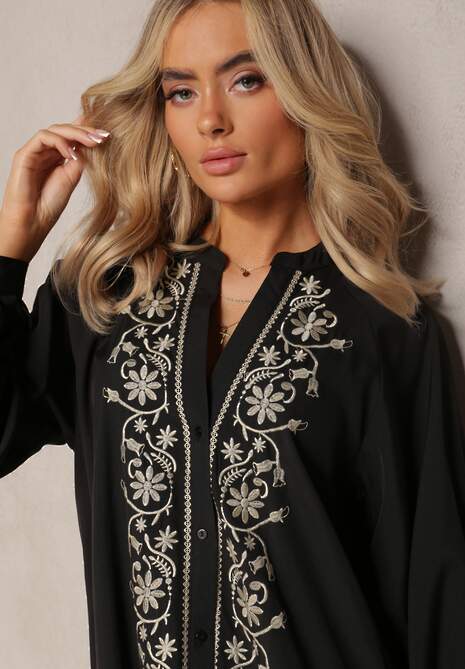 Czarna Midi Sukienka o Trapezowym Kroju z Ozdobnymi Haftami w Stylu Boho Tactila