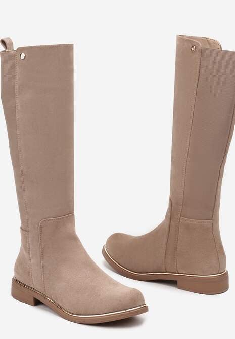 Beżowe Kozaki z Ekozamszu na Płaskiej Podeszwie w Stylu Oficerek z Gumką Ansista