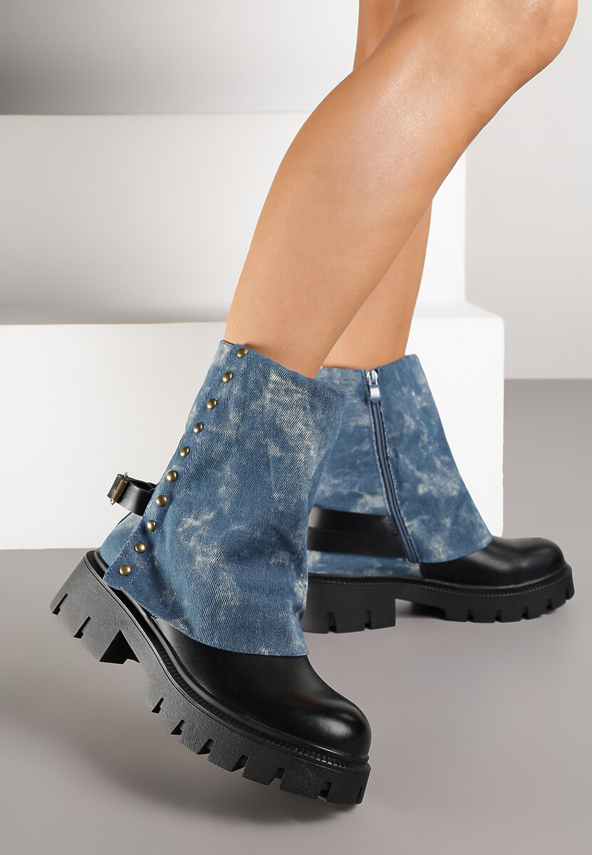Czarno-Niebieskie Botki Ozdobione Klamrą i Wywiniętą Cholewką Ansone