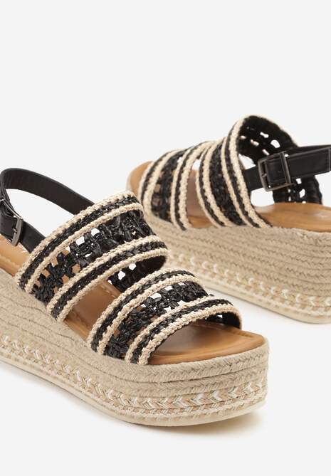 Czarne Sandały na Plecionym Koturnie z Wycięciami i Sprzączką Liaorine
