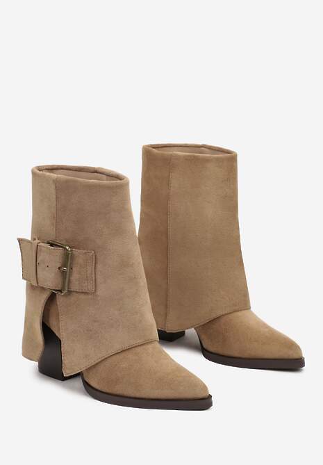 Ciemnobeżowe Botki Kowbojki na Słupku Ozdobione Wywiniętą Cholewką Ansinae