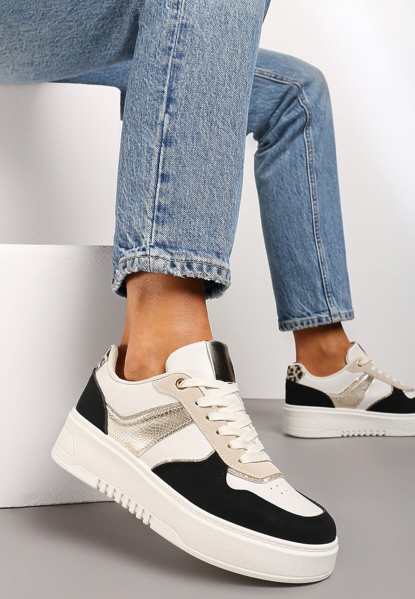 Beżowo-Czarne Sneakersy na Platformie z Brokatowymi Akcentami Sellona