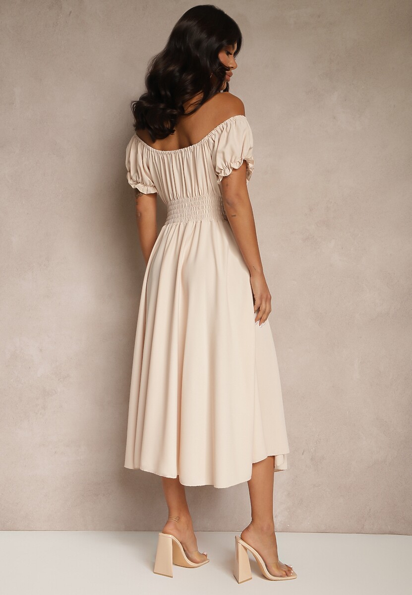 Beżowa Sukienka Hiszpanka z Bawełną Ozdobiona Bufkami Lunoria