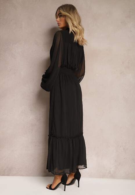 Czarna Rozkloszowana Sukienka Maxi ze Stójką i Falbanką Camillene