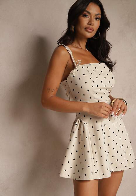 Beżowa Rozkloszowana Sukienka Vices w Kropki na Ramiączkach z Gorsetowym Wiązaniem Sarione