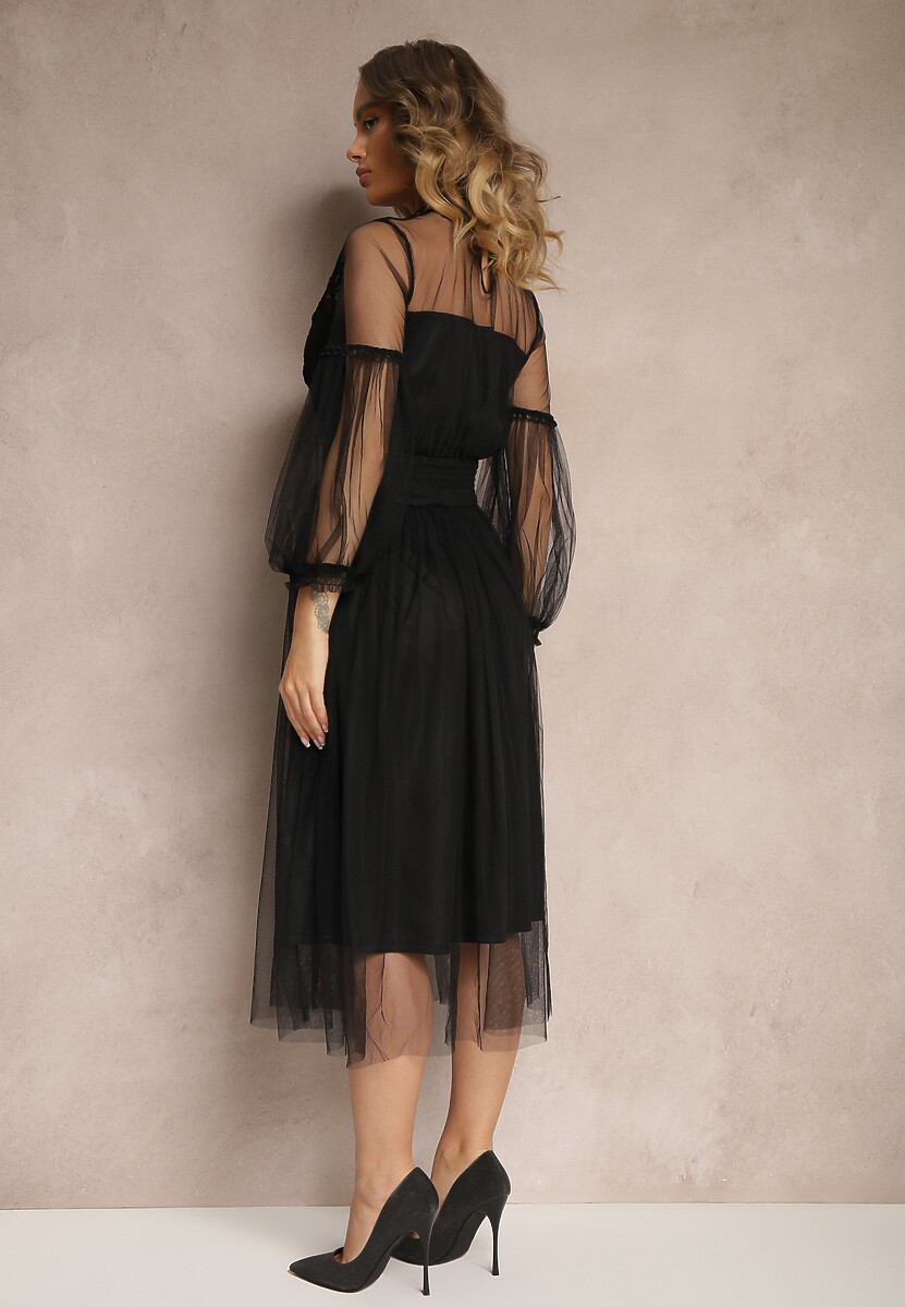 Czarna Tiulowa Sukienka Rozkloszowana z Koronką Nirthe