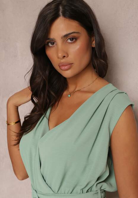 Zielony Długi Kombinezon z Kopertowym Dekoltem i Paskiem Violettsa