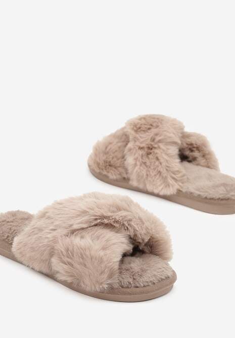 Ciemnobeżowe Kapcie Vices z Futerka ze Skrzyżowanymi Paskami Selanthra