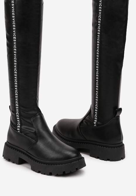 Czarne Kozaki z Dopasowaną Cholewką i Ozdobną Taśmą z Logo Naorema