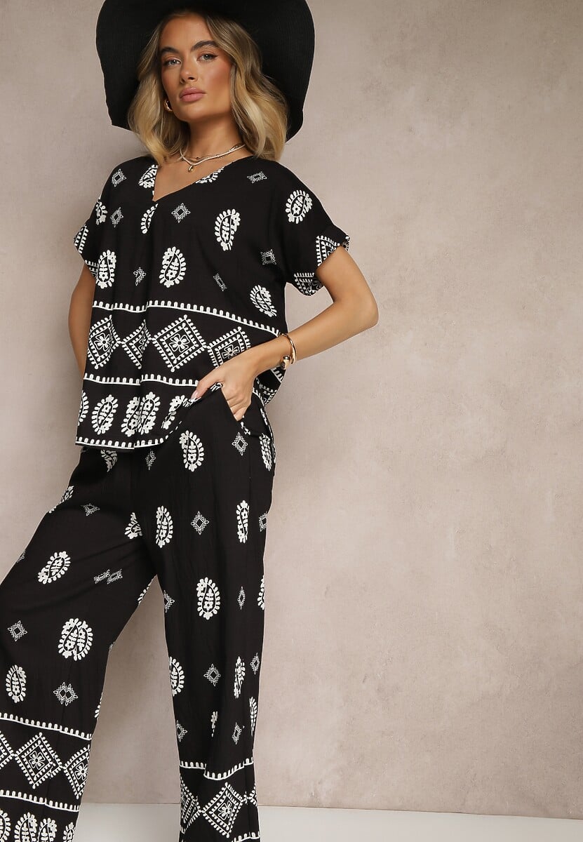 Niebiesko-Biały Komplet z Bawełny Spodnie o Szerokim Kroju i Koszula ze Wzorem Paisley Pavenn