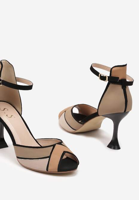Ciemnobeżowe Geometryczne Sandały w Geometryczny Print na Obcasie Kaczuszce Mirasina
