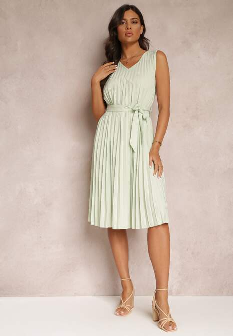 Miętowa Sukienka Midi z Plisowanej Tkaniny z Materiałowym Paskiem Eudoxia