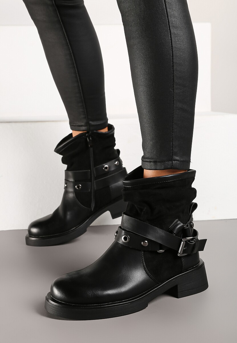 Czarne Marszczone Botki z Ozdobnymi Paskami z Klamrami Cyredi