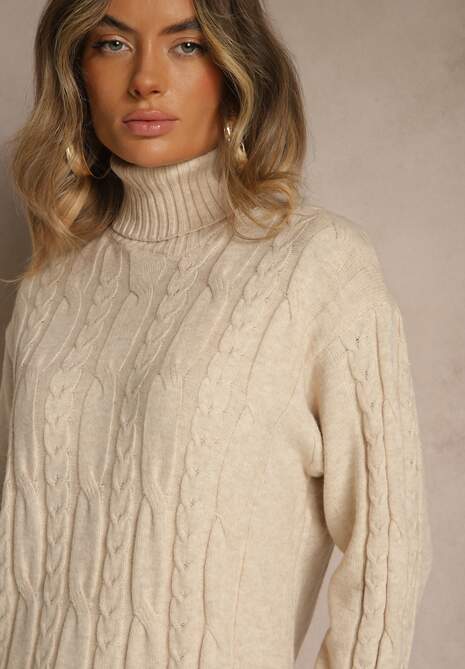 Jasnobeżowa Prążkowana Sukienka z Golfem z Dzianiny z Wełną Essandra