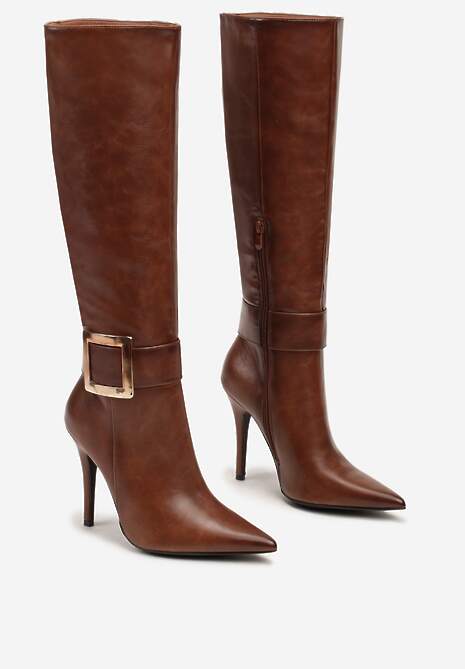 Brązowe Kozaki na Szpilce z Metaliczną Klamrą Evelinna