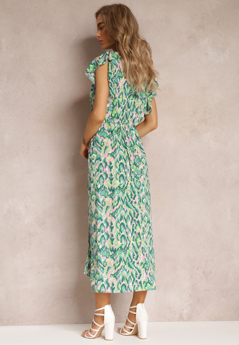 Zielona Rozkloszowana Sukienka Maxi z Kopertowym Dekoltem i Gumką w Pasie Yllia